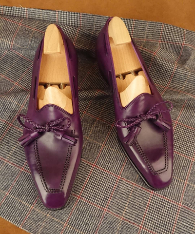 Bow Style Tassel Purple Square Toe Leather Moccasin Loafers Men Shoes