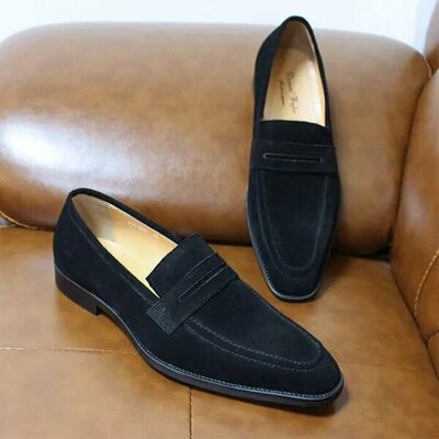 New handmade men black suede loafers moccasin formal dress shoes - Thumbnail 1
