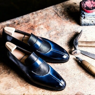 Split toe loafers deep patinated blue shades moccasin formal shoes - Thumbnail 2