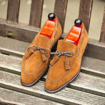 Handmade men's tassels shoes, men's tan brown color suede tassels casual loafer shoes - Thumbnail 1