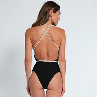 White and Black Strappy Plunging V-nck One Piece Swimsuit for Women - Thumbnail 2