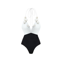 White and Black Strappy Plunging V-nck One Piece Swimsuit for Women - Thumbnail 4