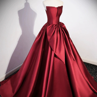 Burgundy Satin Long Prom Dress - Thumbnail 1