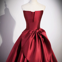 Burgundy Satin Long Prom Dress - Thumbnail 3