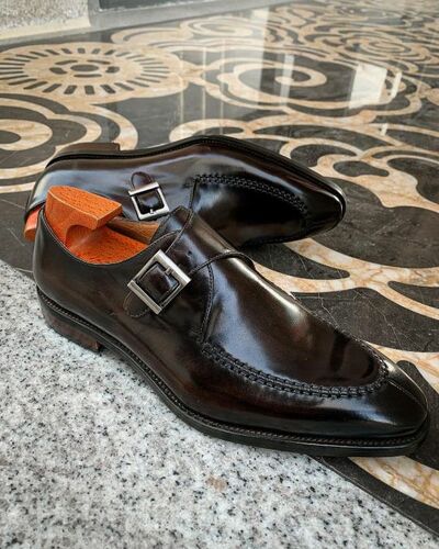 Handmade Chocolate Brown Single Buckle Dress Shoes Men's Monk Shoes