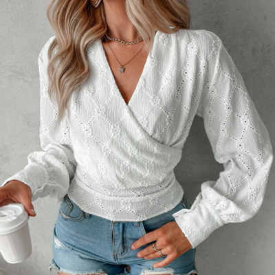 Embroidered Solid Color V-Neck Long Sleeved Shirt