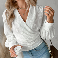 Embroidered Solid Color V-Neck Long Sleeved Shirt - Thumbnail 2