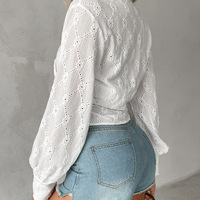 Embroidered Solid Color V-Neck Long Sleeved Shirt - Thumbnail 3