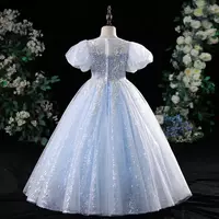 Blue Crystal Long Flower Girls Dress Pageant Dresses Beaded Toddler Infant Clothes Little Kids baby girl Birthday Christmas Gowns - Thumbnail 1