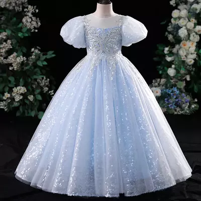 Blue Crystal Long Flower Girls Dress Pageant Dresses Beaded Toddler Infant Clothes Little Kids baby girl Birthday Christmas Gowns