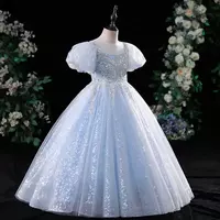 Blue Crystal Long Flower Girls Dress Pageant Dresses Beaded Toddler Infant Clothes Little Kids baby girl Birthday Christmas Gowns - Thumbnail 2