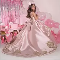 Pink Beaded Ball Gown Girls Pageant Dresses Spaghetti Straps Princess Flower Girl Dress Sequined Satin Appliqued First Communion Gowns  - Thumbnail 1