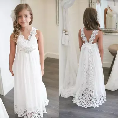  boho flower girl dress for wedding beach v neck a line lace and chiffon kids white wedding dresses custom made