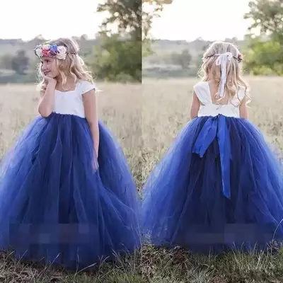 Cute princess white navy blue flower girls dresses bateau neck cape sleeve puffy ball gown girls pageant gown first communion gowns  - Thumbnail 5
