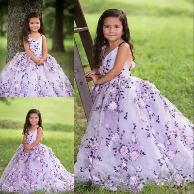 Gorgeous fluffy flower girl dresses with 3d floral applique v-neck lace-up backless girls birthday dress lovely girls pageant dresses