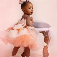 Gold Crystals Flower Girl Dresses Ball Gown Tulle Lace Beaded Backless Vintage Little Girl Peageant Dress Gowns  - Thumbnail 1