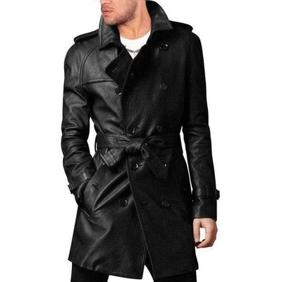 Handmade men's fashion black long leather button jacket