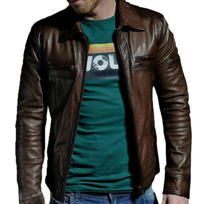 Handmade men's brown leather biker zipper fashion jacket