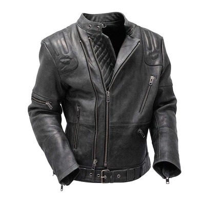 Handmade men's fashion double zipper black leather jacket