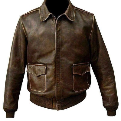 Handmade fashion men's brown leather double pocket zipper jacket