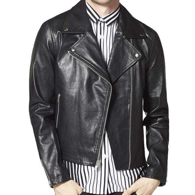Handmade men's fashion black leather pocket zipper jacket