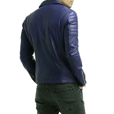 Handmade men's blue leather biker style zipper jacket