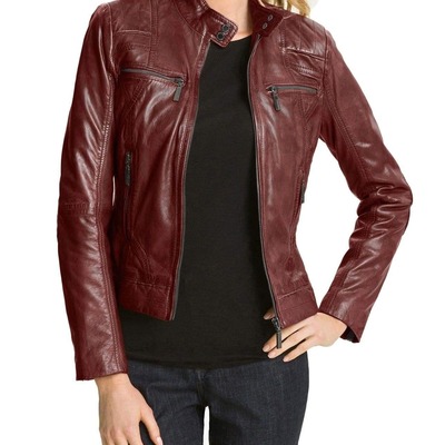 Handmade woman burgundy leather biker zipper fashion jacket