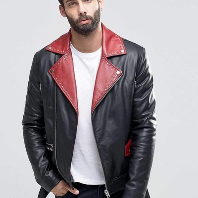 Fashion handmade men's black leather zipper biker jacket