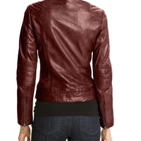 Handmade Woman Burgundy Leather Biker Zipper Fashion Jacket - Thumbnail 1