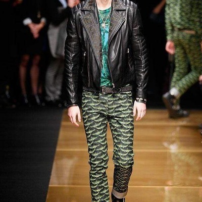 Handmade men's golden silver studded black leather zipper jacket