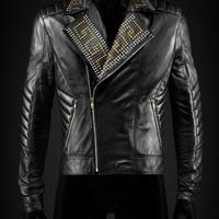 Handmade Men's Golden Silver Studded Black Leather Zipper Jacket - Thumbnail 1