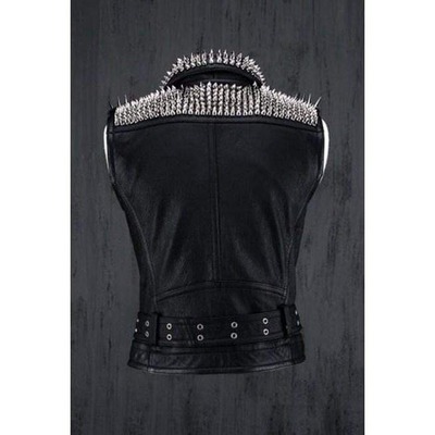 Handmade men's fashion black leather silver studded zipper jacket
