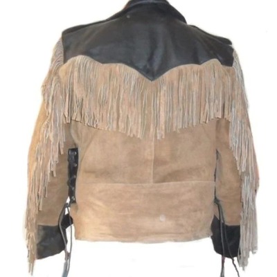 Men's suede & leather black beige fringe handmade jacket