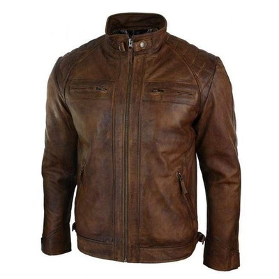 Men's brown leather biker zipper fashion handmade jacket - Thumbnail 1