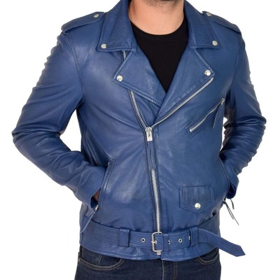 Handmade men's blue leather zipper double pocket biker jacket