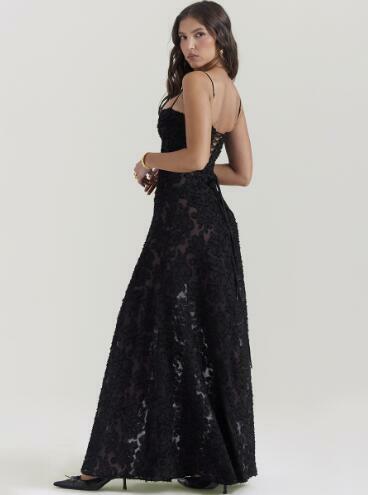 Spaghetti Strap Lace Black Long Dress，1729