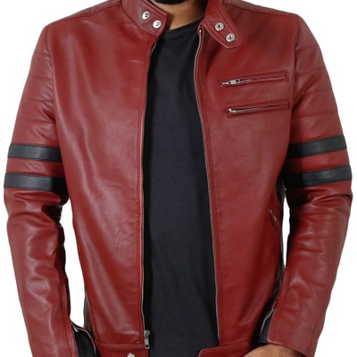 Men's fashion maroon leather zipper pocket navy blue stripped biker handmade jacket