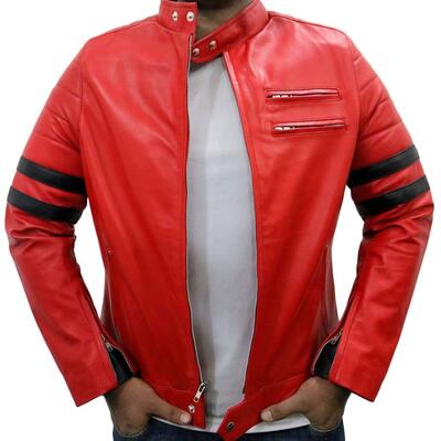 Men's fashion red leather zipper pocket black stripped biker handmade jacket