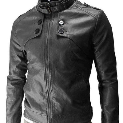 Handmade men's fashion black leather zipper button jacket