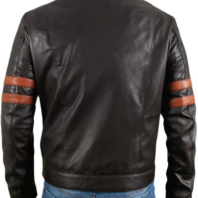 Men's fashion black leather zipper pocket brown stripped biker handmade jacket