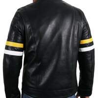 Men's Fashion Black Leather Zipper Pocket Yellow & White Stripped Biker Handmade Jacket - Thumbnail 1