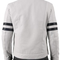 Men's Fashion White  Leather Zipper Pocket Black Stripped Biker Handmade Jacket - Thumbnail 1