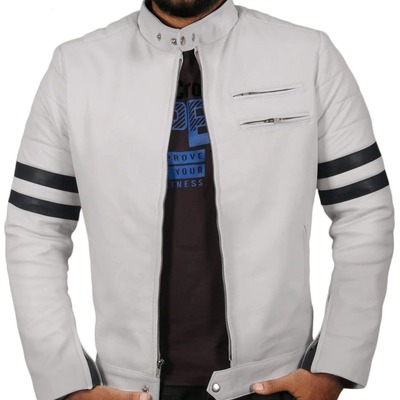 Men's fashion white  leather zipper pocket black stripped biker handmade jacket