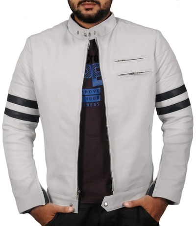 Men's Fashion White  Leather Zipper Pocket Black Stripped Biker Handmade Jacket