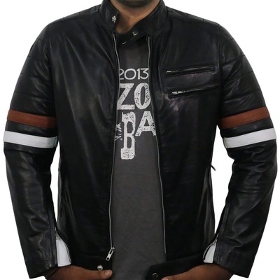Men's fashion black leather zipper pocket brown & white stripped biker handmade jacket