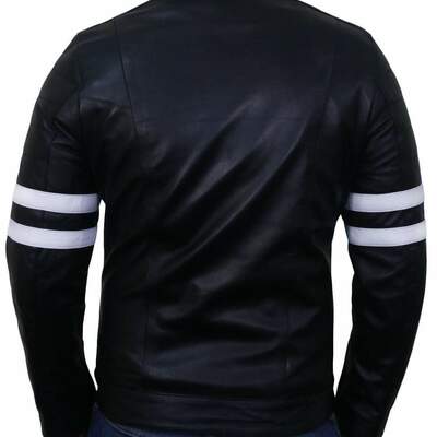 Men's fashion black leather zipper pocket white stripped biker handmade jacket
