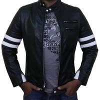 Men's Fashion Black Leather Zipper Pocket White Stripped Biker Handmade Jacket - Thumbnail 1
