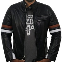 Men's Fashion Black Leather Zipper Pocket Brown & White Stripped Biker Handmade Jacket - Thumbnail 1