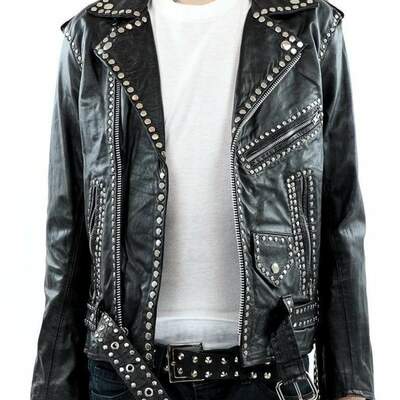Handmade men's black leather fashion silver studded belted jacket