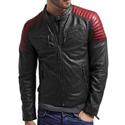 Handmade men's fashion black red zipper leather jacket